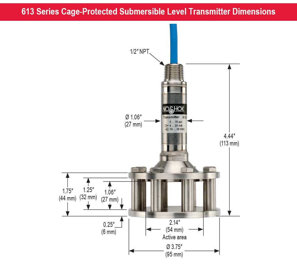 https://b1.noshokmedia.com/images/Dimensions for 613 Series Cage-Protected Submersible Level Transmitters.jpg